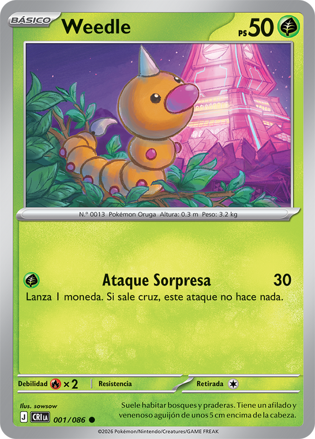 Carta individual Pokémon Weedle 001/086 común, set Chaos Rising, ilustración de sowsow - Thunder Cards México.