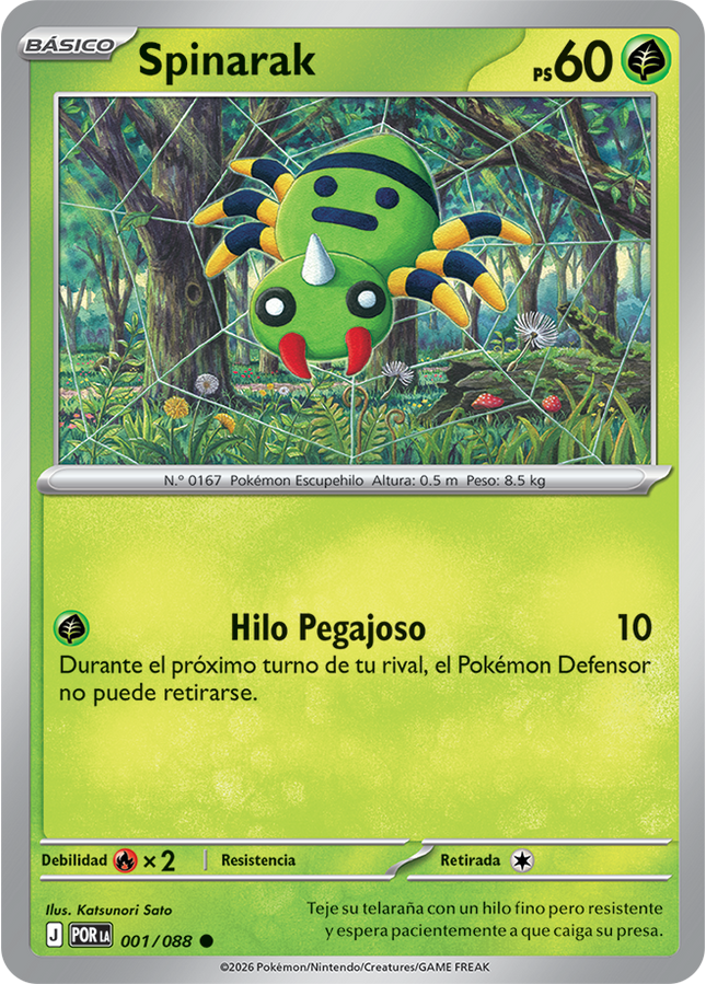 Carta Individual Pokémon Spinarak Español 001/088, BASIC Pokémon 60 HP, set Perfect Order, Ilustración de Katsunori Sato - Thunder Cards México
