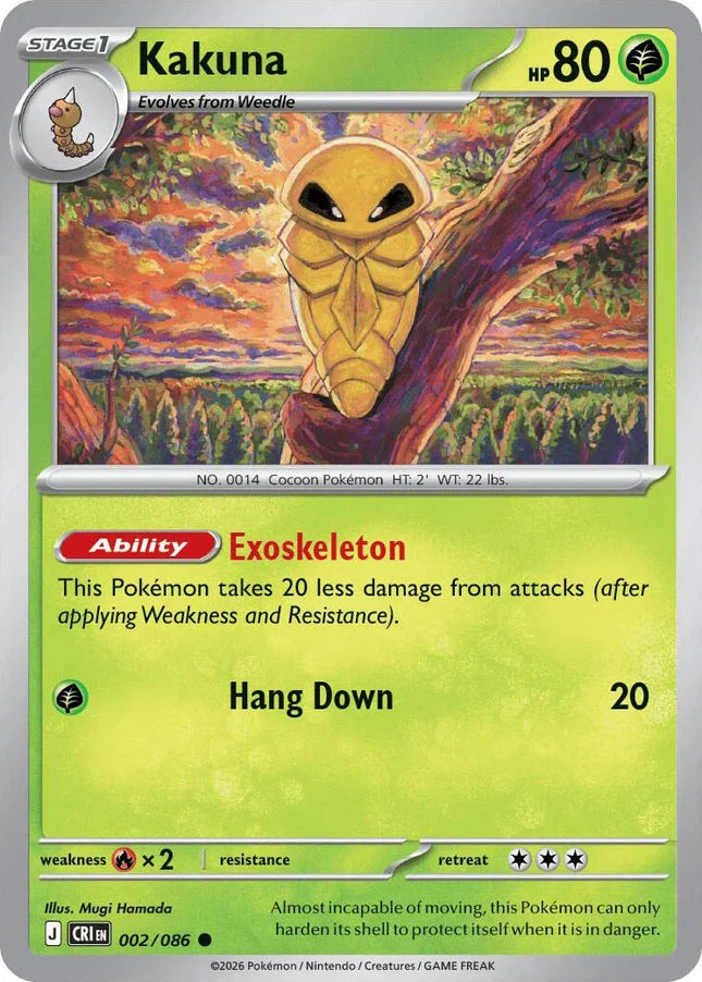 Carta individual Pokémon Kakuna 002/086 común, Stage 1, set ME4 Chaos Rising, ilustración de Mugi Hamada - Thunder Cards México.