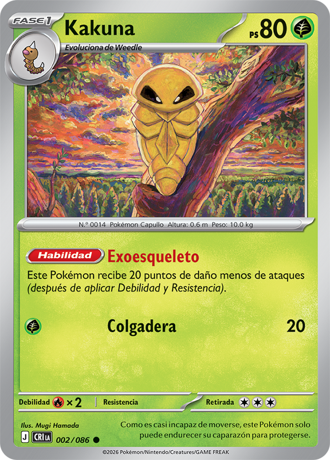 Carta individual Pokémon Kakuna 002/086 común, Stage 1, set ME4 Chaos Rising, ilustración de Mugi Hamada - Thunder Cards México.