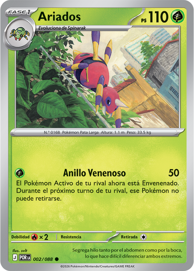 Carta Individual Pokémon Ariados Carta en Español 002/088, Stage 1 Pokémon 110 HP, set Perfect Order, Ilustración de svlt - Thunder Cards México