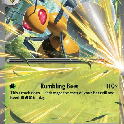Carta individual de Pokémon TCG Beedrill ex 003/086 Double Rare, Stage 2, set ME4 Chaos Rising. Ilustración dinámica de Beedrill atacando con sus aguijones por toriyufu - Thunder Cards México.