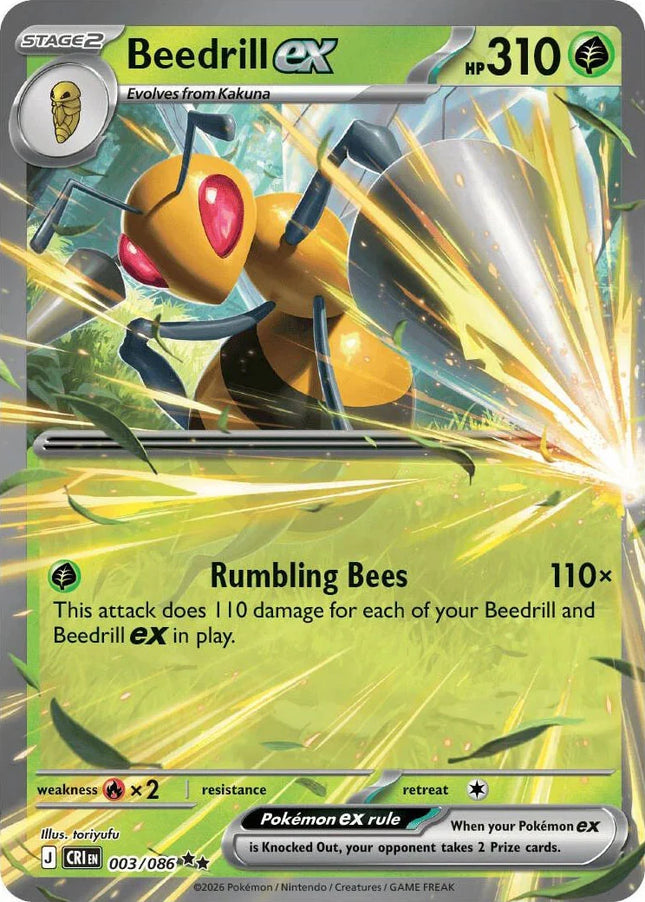 Carta individual de Pokémon TCG Beedrill ex 003/086 Double Rare, Stage 2, set ME4 Chaos Rising. Ilustración dinámica de Beedrill atacando con sus aguijones por toriyufu - Thunder Cards México.
