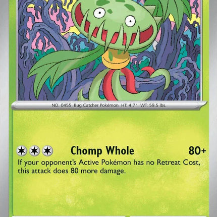 Carta individual Pokémon Carnivine 004/086 común, Basic, set ME4 Chaos Rising. Ilustración estilizada de Carnivine entre enredaderas moradas por Heisuke Kitazawa - Thunder Cards México.
