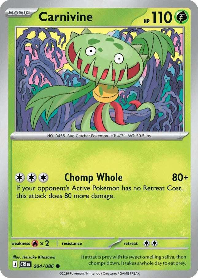 Carta individual Pokémon Carnivine 004/086 común, Basic, set ME4 Chaos Rising. Ilustración estilizada de Carnivine entre enredaderas moradas por Heisuke Kitazawa - Thunder Cards México.