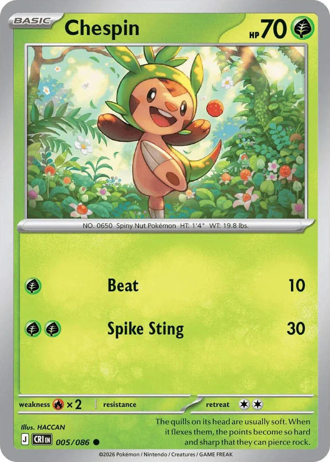 Carta individual Pokémon Chespin 005/086 común, Basic, set ME4 Chaos Rising. Ilustración alegre de Chespin en un bosque iluminado por el sol, por HACCAN - Thunder Cards México.