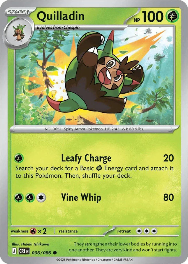 Carta individual Pokémon Quilladin 006/086 común, Stage 1, set ME4 Chaos Rising. Ilustración dinámica de Quilladin usando un ataque en el bosque por Hideki Ishikawa - Thunder Cards México.