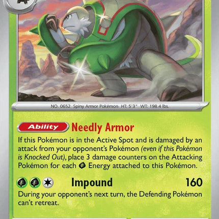 Carta individual de Pokémon TCG Chesnaught 007/086 rara, Stage 2, set ME4 Chaos Rising. Ilustración de Chesnaught en posición de combate en un entorno rocoso por Kouki Saitou - Thunder Cards México.