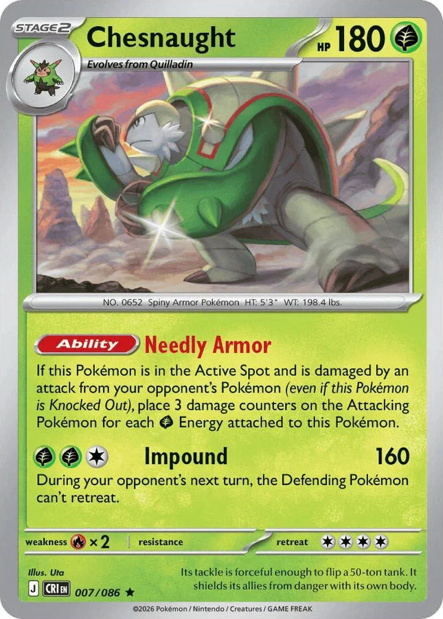 Carta individual de Pokémon TCG Chesnaught 007/086 rara, Stage 2, set ME4 Chaos Rising. Ilustración de Chesnaught en posición de combate en un entorno rocoso por Kouki Saitou - Thunder Cards México.