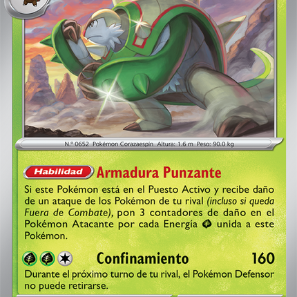 Carta individual de Pokémon TCG Chesnaught 007/086 rara, Stage 2, set ME4 Chaos Rising. Ilustración de Chesnaught en posición de combate en un entorno rocoso por Kouki Saitou - Thunder Cards México.