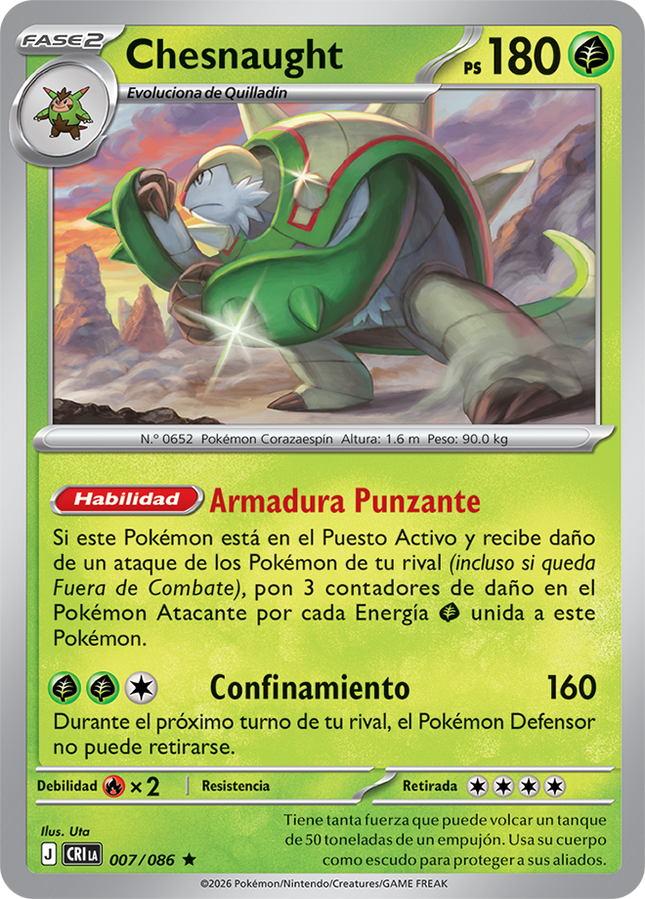 Carta individual de Pokémon TCG Chesnaught 007/086 rara, Stage 2, set ME4 Chaos Rising. Ilustración de Chesnaught en posición de combate en un entorno rocoso por Kouki Saitou - Thunder Cards México.