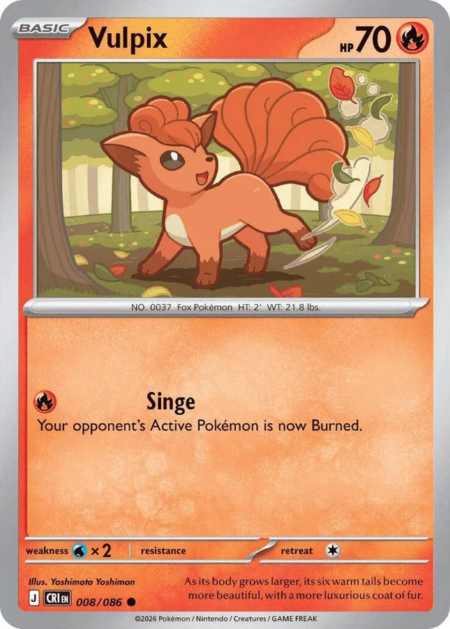 Carta individual Pokémon Vulpix 008/086 común, Basic, set ME4 Chaos Rising. Ilustración de Vulpix corriendo feliz en un bosque de otoño con hojas secas flotando por Yoshimoto Yoshimon - Thunder Cards México.