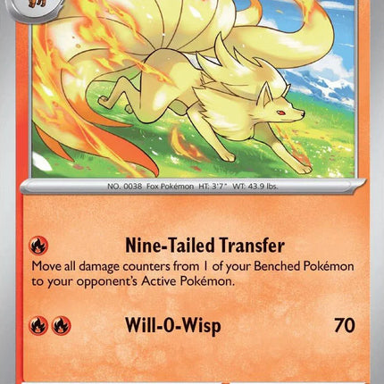Carta individual de Pokémon TCG Ninetales 009/086 infrecuente, Stage 1, set ME4 Chaos Rising. Ilustración majestuosa de Ninetales en un entorno místico iluminado por fuego azul por Akiya - Thunder Cards México.