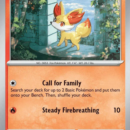 Carta individual Pokémon Fennekin 011/086 común, Basic, set ME4 Chaos Rising. Ilustración de Fennekin parado en un arco de piedra iluminado por el sol, por saino misaki - Thunder Cards México.