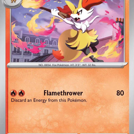 Carta individual Pokémon Braixen 012/086 común, Stage 1, set ME4 Chaos Rising. Ilustración dinámica de Braixen saltando sobre un tejado con una rama envuelta en fuego por Taiga Kasai - Thunder Cards México.