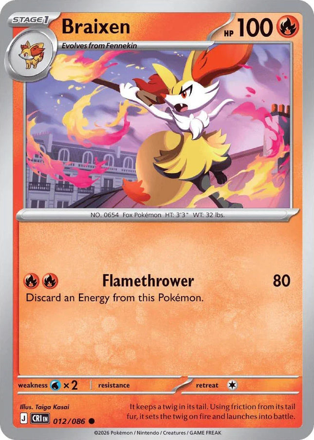 Carta individual Pokémon Braixen 012/086 común, Stage 1, set ME4 Chaos Rising. Ilustración dinámica de Braixen saltando sobre un tejado con una rama envuelta en fuego por Taiga Kasai - Thunder Cards México.