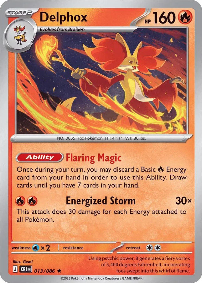 Carta individual de Pokémon TCG Delphox 013/086 rara, Stage 2, set ME4 Chaos Rising. Ilustración mística de Delphox rodeado por un vórtice de fuego dinámico por Gemi - Thunder Cards México.