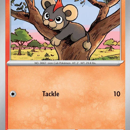 Carta individual Pokémon Litleo 014/086 común, Basic, set ME4 Chaos Rising. Ilustración de Litleo rugiendo sobre una colina rocosa con un cielo despejado por Kouki Saitou - Thunder Cards México.