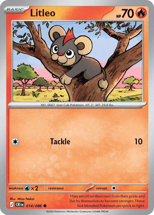 Carta individual Pokémon Litleo 014/086 común, Basic, set ME4 Chaos Rising. Ilustración de Litleo rugiendo sobre una colina rocosa con un cielo despejado por Kouki Saitou - Thunder Cards México.