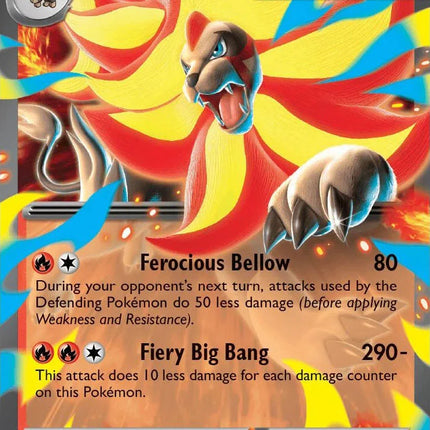 Carta individual de Pokémon TCG Mega Pyroar EX 015/086 Double Rare, MEGA Evolution, set ME4 Chaos Rising. Ilustración de Mega Pyroar EX rugiendo rodeado de llamas intensas por Ryota Murayama - Thunder Cards México.
