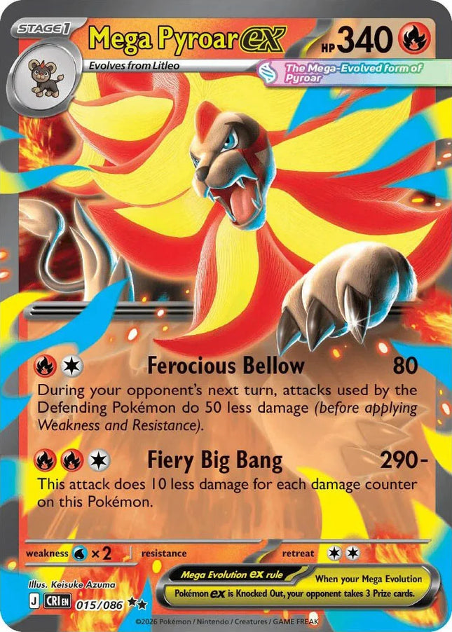Carta individual de Pokémon TCG Mega Pyroar EX 015/086 Double Rare, MEGA Evolution, set ME4 Chaos Rising. Ilustración de Mega Pyroar EX rugiendo rodeado de llamas intensas por Ryota Murayama - Thunder Cards México.