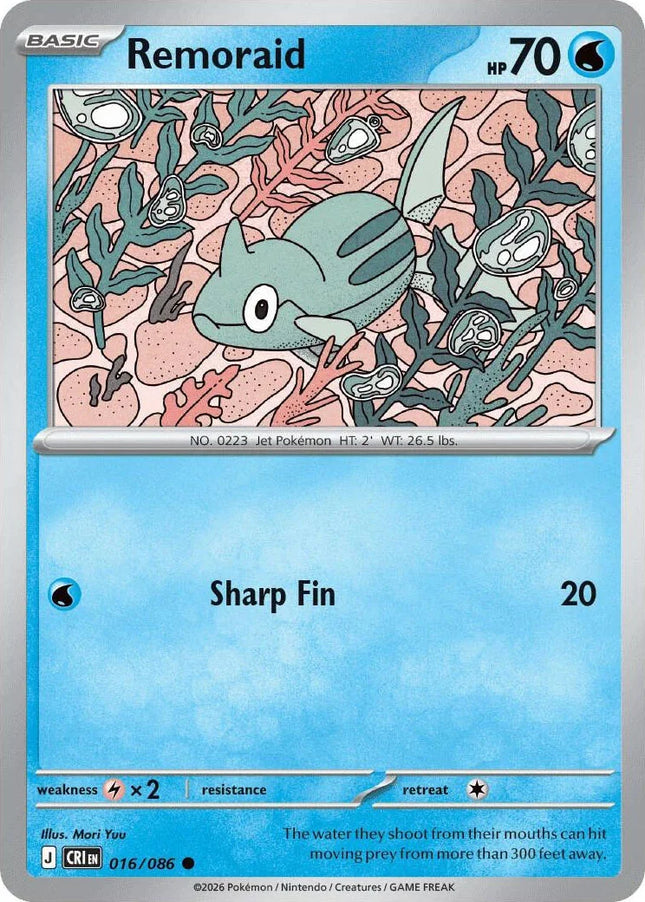Carta individual Pokémon Remoraid 016/086 común, Basic, set ME4 Chaos Rising. Ilustración de Remoraid nadando alegremente bajo el agua cerca de un arrecife por Sanosuke Sakuma - Thunder Cards México.
