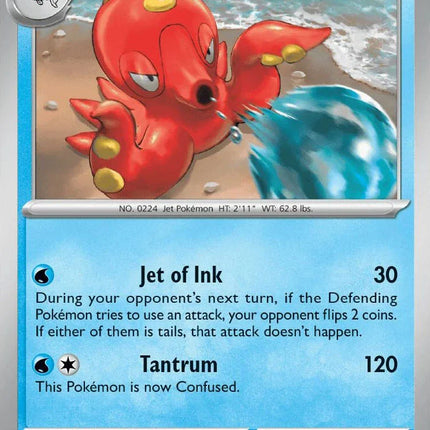 Carta individual de Pokémon TCG Octillery 017/086 infrecuente, Stage 1, set ME4 Chaos Rising. Ilustración colorida de Octillery bajo el agua lanzando tinta por Tomokazu Komiya - Thunder Cards México.