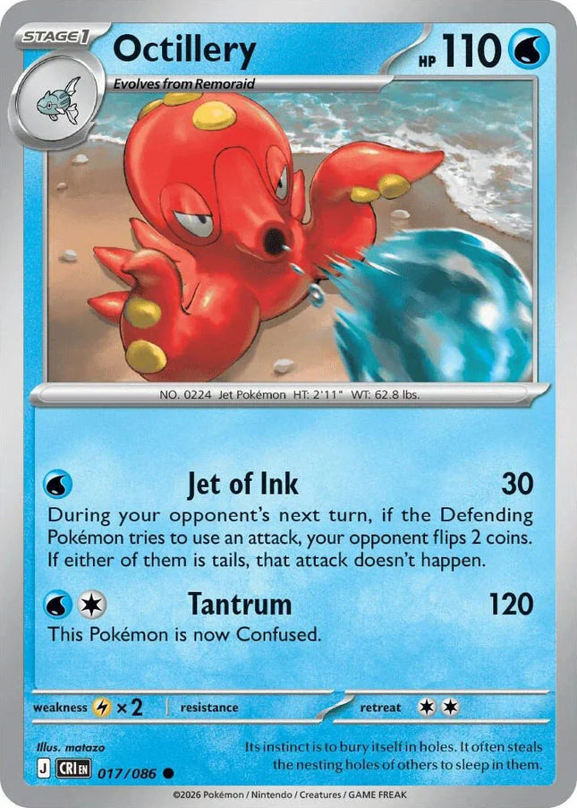 Carta individual de Pokémon TCG Octillery 017/086 infrecuente, Stage 1, set ME4 Chaos Rising. Ilustración colorida de Octillery bajo el agua lanzando tinta por Tomokazu Komiya - Thunder Cards México.