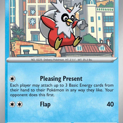 Carta individual Pokémon Delibird 018/086 común, Basic, set ME4 Chaos Rising. Ilustración de Delibird en un paisaje de nieve entregando un regalo por Kouki Saitou - Thunder Cards México.