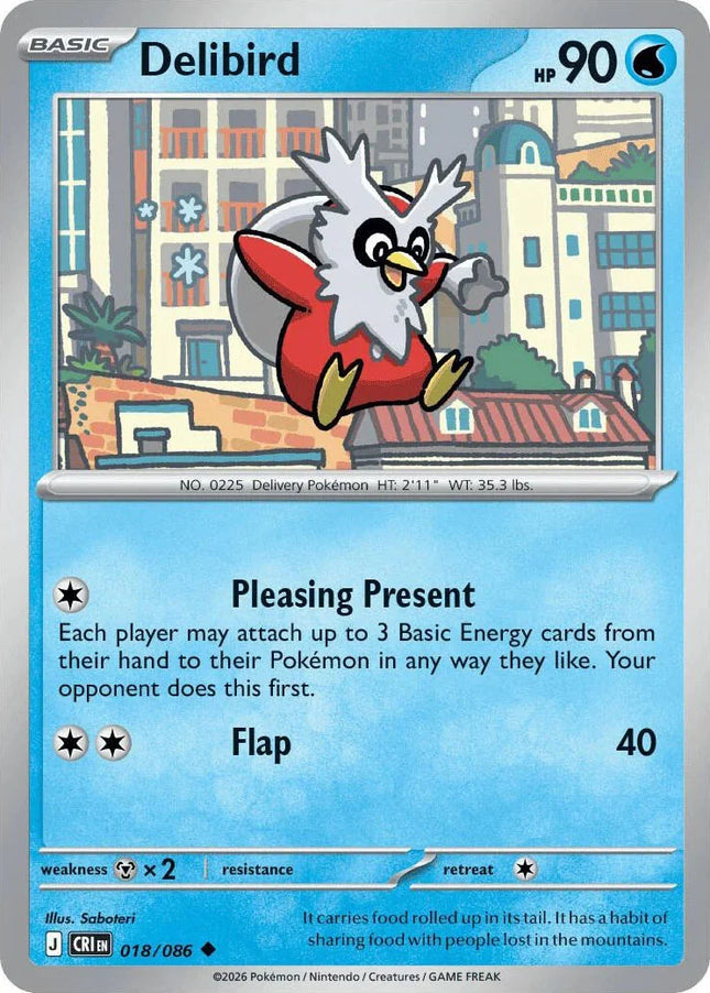 Carta individual Pokémon Delibird 018/086 común, Basic, set ME4 Chaos Rising. Ilustración de Delibird en un paisaje de nieve entregando un regalo por Kouki Saitou - Thunder Cards México.
