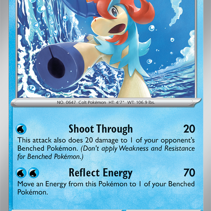 Carta individual de Pokémon TCG Keldeo 019/086 rara, Basic, set ME4 Chaos Rising. Ilustración dinámica de Keldeo Forma Brío nadando en las profundidades del océano por Mitsuhiro Arita - Thunder Cards México.