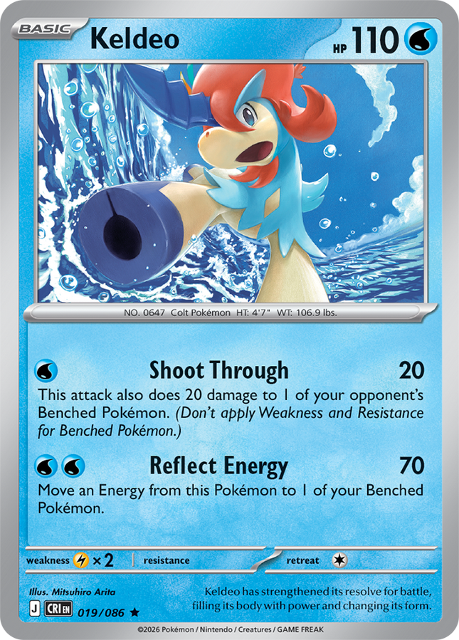 Carta individual de Pokémon TCG Keldeo 019/086 rara, Basic, set ME4 Chaos Rising. Ilustración dinámica de Keldeo Forma Brío nadando en las profundidades del océano por Mitsuhiro Arita - Thunder Cards México.