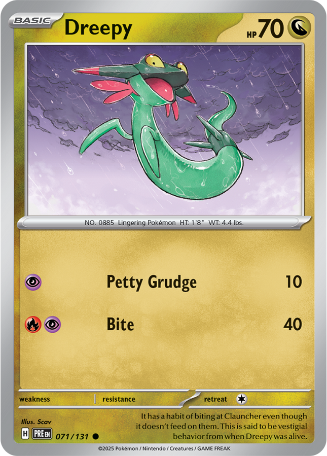 Carta Individual Pokémon Dreepy 071/131, BASIC Pokémon 70 HP, set Prismatic Evolutions, Ilustración de Scav - Thunder Cards México