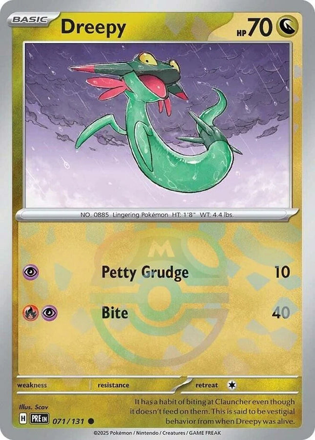 Carta Individual Pokémon Dreepy Masterball Pattern 071/131, BASIC Pokémon 70 HP, set Prismatic Evolutions, Ilustración de Scav - Thunder Cards México