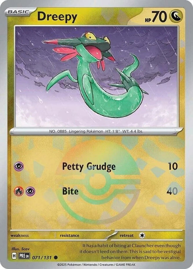 Carta Individual Pokémon Dreepy Pokeball Pattern 071/131, BASIC Pokémon 70 HP, set Prismatic Evolutions, Ilustración de Scav - Thunder Cards México