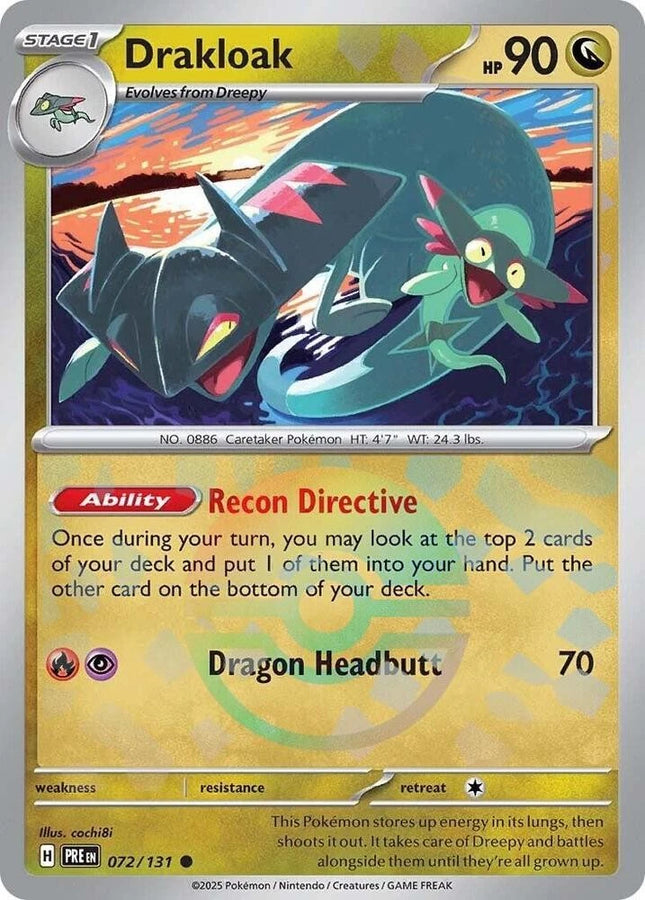 Carta Individual Pokémon Drakloak Pokeball Pattern 072/131, Stage 1 Pokémon 90 HP, set Prismatic Evolutions, Ilustración de cochi8i - Thunder Cards México