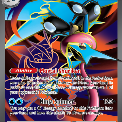 Carta individual Pokémon Mega Greninja EX 100/086, Ultra Rare, Stage 2, MEGA Evolution, 350 HP, set ME4 Chaos Rising. Ilustración dinámica de Mega Greninja EX lanzando un shuriken de agua por takuyoa - Thunder Cards México.