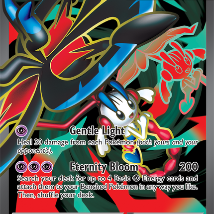 Carta individual Pokémon Mega Floette EX 101/086, rareza Ultra Rare, MEGA Evolution, 250 HP, set Chaos Rising (CRI). Ilustración full art de Mega Floette EX canalizando un poderoso rayo de energía rosa y blanca por aky CG Works - Thunder Cards México.