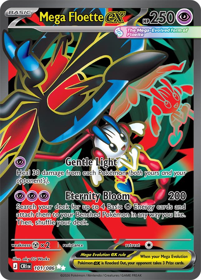 Carta individual Pokémon Mega Floette EX 101/086, rareza Ultra Rare, MEGA Evolution, 250 HP, set Chaos Rising (CRI). Ilustración full art de Mega Floette EX canalizando un poderoso rayo de energía rosa y blanca por aky CG Works - Thunder Cards México.