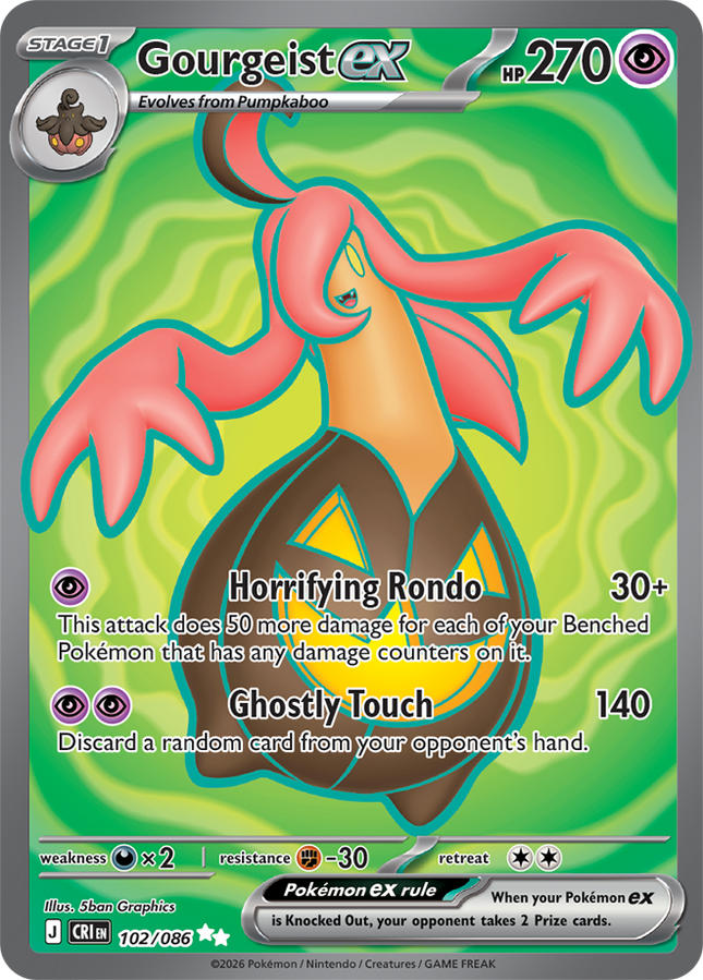 Carta Individual Pokémon Gourgeist EX 102/086, Ultra Rara UR, Stage 1 Pokémon EX 270 HP, set Chaos Rising, Ilustración de 5ban Graphics - Thunder Cards México