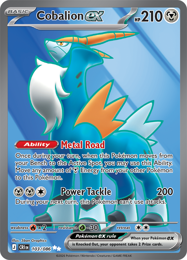 Carta Individual Pokémon Cobalion EX 103/086, Ultra Rara UR, BASIC Pokémon 210 HP, set Chaos Rising, Ilustración de 5ban Graphics - Thunder Cards México