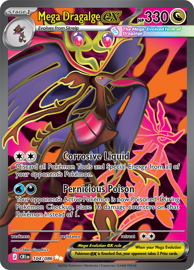 Carta Individual Pokémon Mega Dragalge EX 104/086, Ultra Rara UR, Stage 1 Pokémon 330 HP, set Chaos Rising, Ilustración de 5ban Graphics - Thunder Cards México