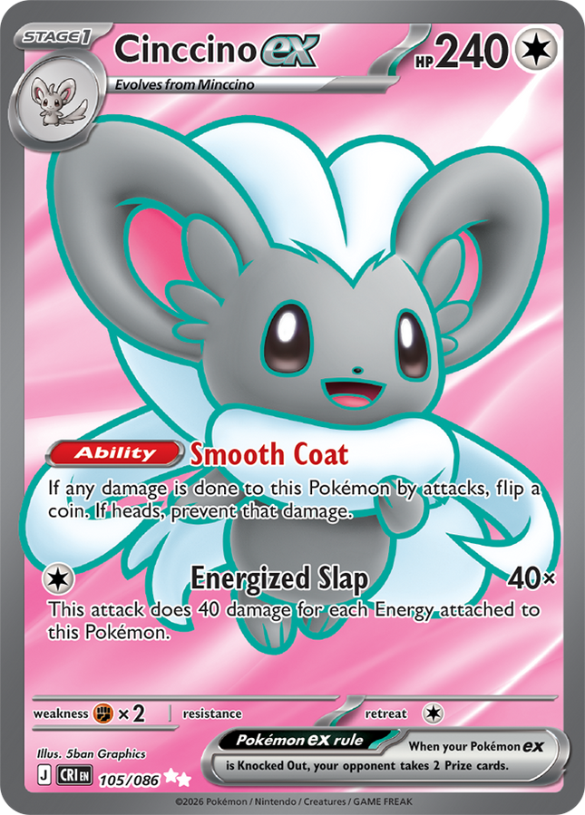 Carta Individual Pokémon Cinccino EX 105/086,Ultra Rara UR, Stage 1 Pokémon 240 HP, set Chaos Rising, Ilustración de 5ban Graphics - Thunder Cards México