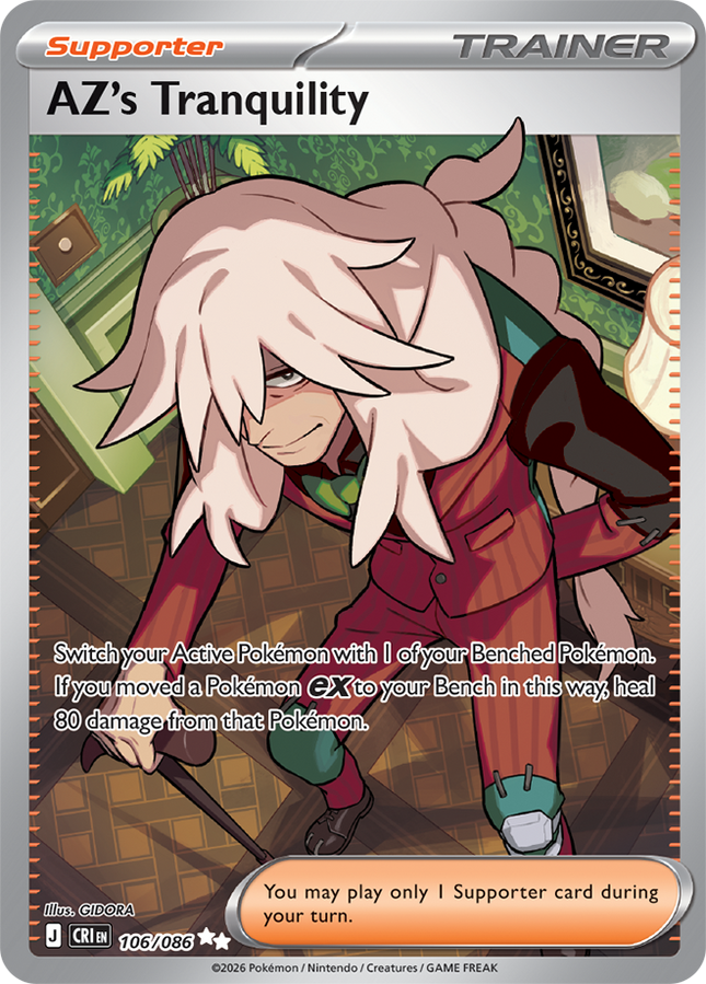 Carta Partidario Pokémon AZ's Tranquility 106/086, Ultra Rara del set Chaos Rising, Ilustración de GIDORA - Thunder Cards México