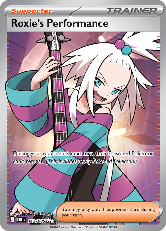 Carta Partidario Pokémon Roxie's Performance 112/086, Ultra Rara del set Chaos Rising, Ilustración de Nabusawa Mochipuyo - Thunder Cards México