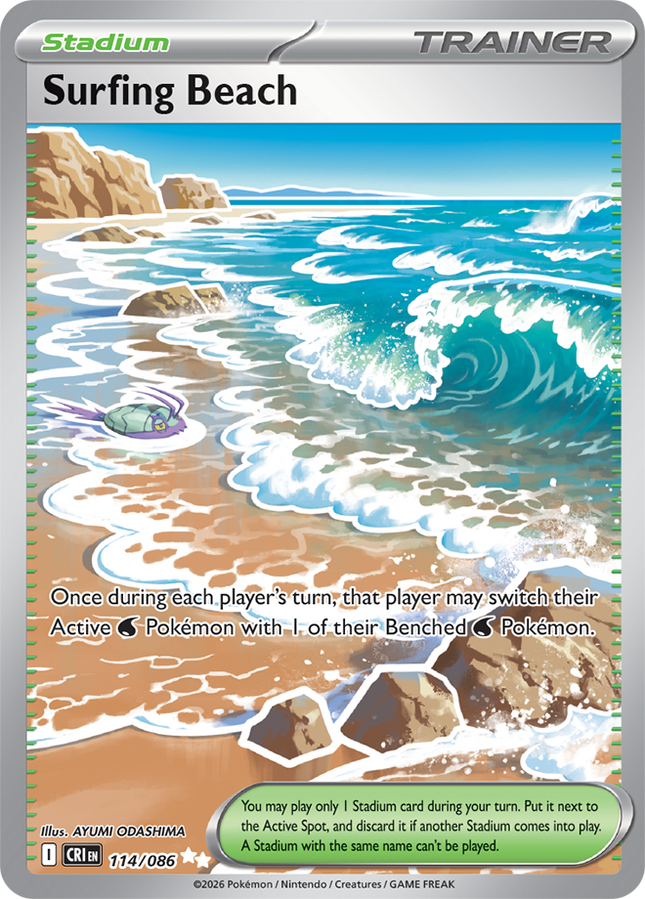 Carta Individual Pokémon Surfing Beach Ultra Rara 114/086, set Chaos Rising, Ilustración de AYUMI ODASHIMA - Thunder Cards México