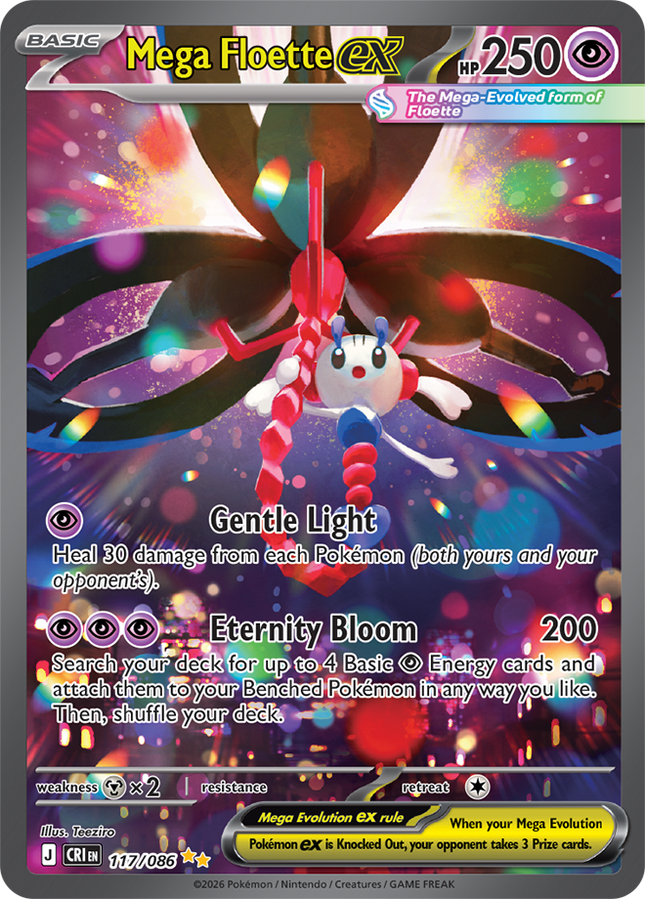 Carta individual Pokémon Mega Floette EX 117/086, rareza Special illustration Rare, MEGA Evolution, 250 HP, set Chaos Rising (CRI). Ilustración Special Illustration Rare de Mega Floette EX por Teeziro - Thunder Cards México.