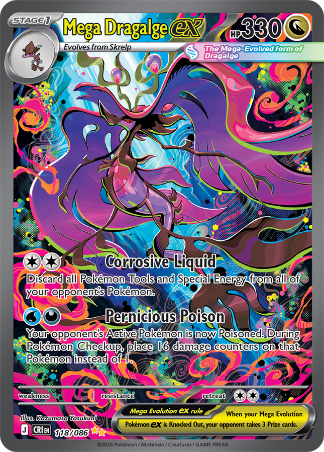 Carta individual Pokémon Mega Dragalge EX 118/086, rareza Special illustration Rare, MEGA Evolution, 250 HP, set Chaos Rising (CRI). Ilustración Special Illustration Rare de Mega Dragalge EX por Kazumasa Yasukuni - Thunder Cards México.
