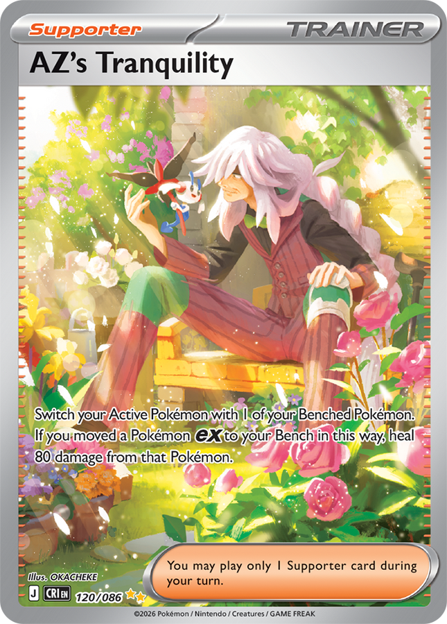 Carta individual Pokémon AZ's Tranquility , rareza Special illustration Rare, Supporter Trainer, , set Chaos Rising (CRI). Ilustración Special Illustration Rare de AZ's Tranquility por OKACHEKE - Thunder Cards México.