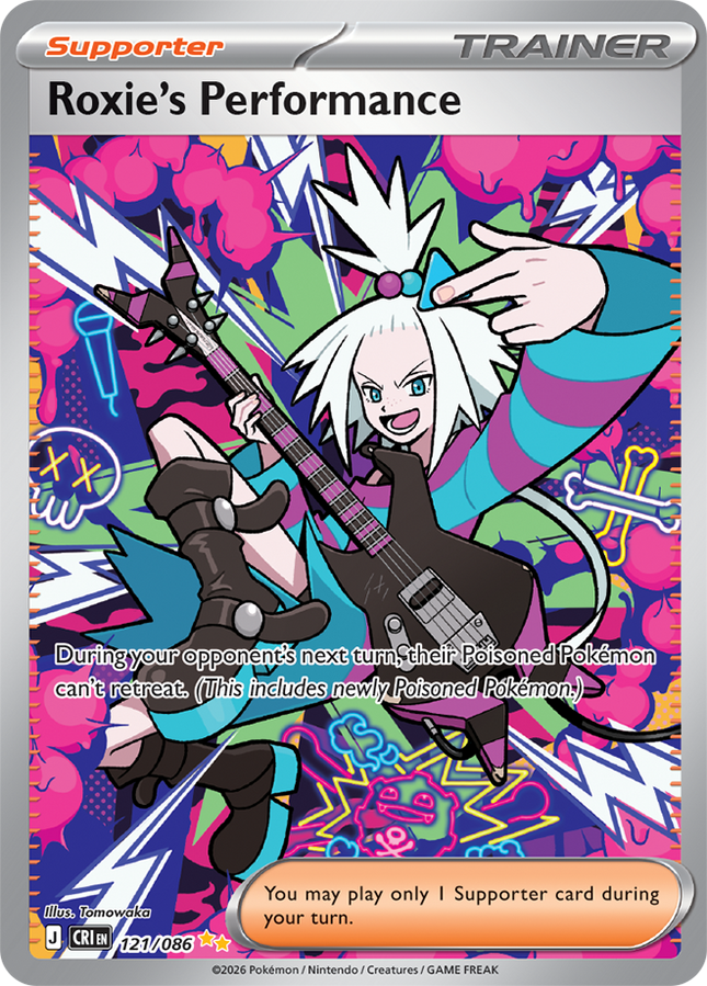 Carta individual Pokémon Roxie's Performance, rareza Special illustration Rare,121/086 Supporter Trainer, , set Chaos Rising (CRI). Ilustración Special Illustration Rare de Roxie's Performance por Tomowaka - Thunder Cards México.